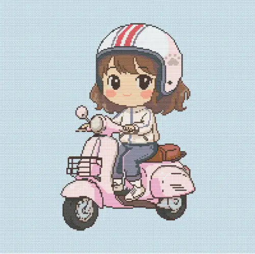 Fillette sur scooter rose - grille point de croix - PDF - compatible pattern keeper