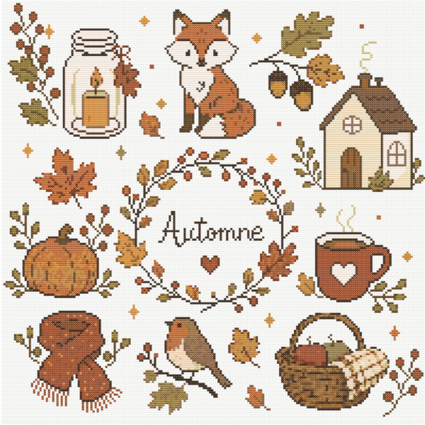 Diagramme Douceur d’automne de PixelBrodes : renard, maison, citrouille, tasse fumante et oiseau autour d’une couronne de feuilles portant le mot Automne.