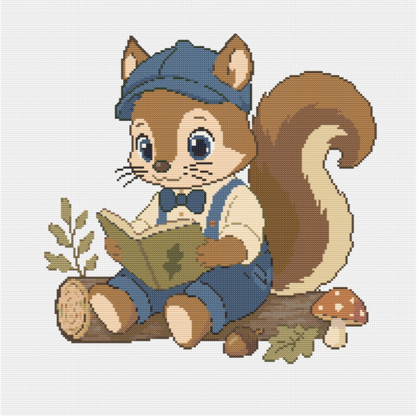 Écureuil vêtu de bleu lisant un livre vert, modèle de point de croix PixelBrodes sur fond blanc.