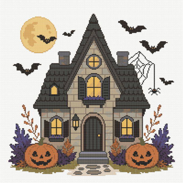 Modèle de point de croix PixelBrodes représentant une maison hantée avec citrouilles, chauves-souris et lune orangée pour Halloween.