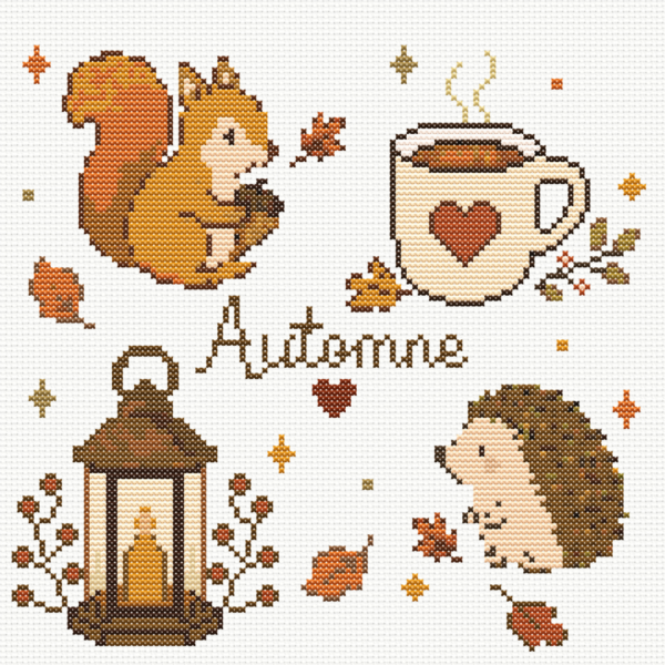 Modèle de point de croix automne Petit Automne Douillet avec écureuil, hérisson, tasse et lanterne