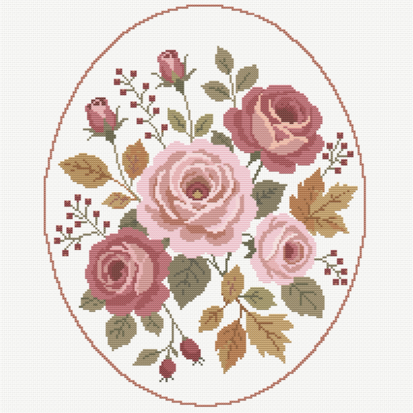 Roses roses et rouges au point de croix, avec feuillages dorés et baies dans une bordure ovale, sur fond blanc.