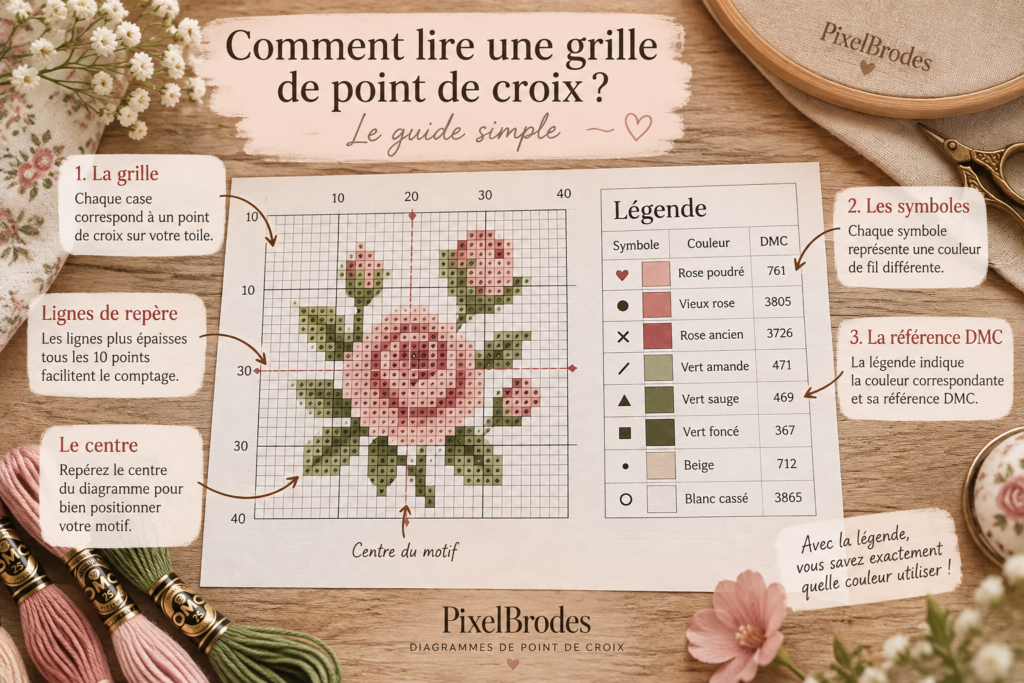 comment lire une grille de point de croix avec symboles et couleurs DMC